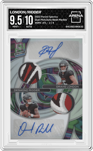 Drake London/Desmond Ridder from the 2022 Panini Spectra set featuring a Neon Marble parallel graded by Arena Club and given an overall grade of 9.5.