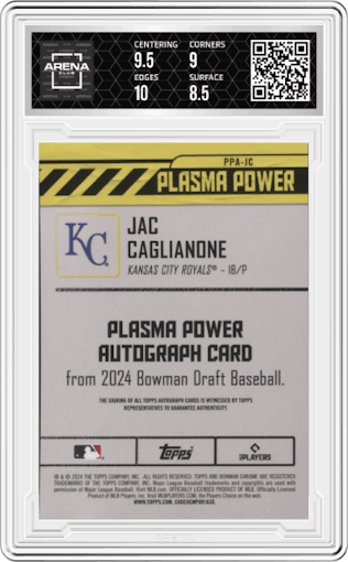 Jac Caglianone  from the 2024 Bowman Draft set graded by Arena Club and given an overall grade of 9.