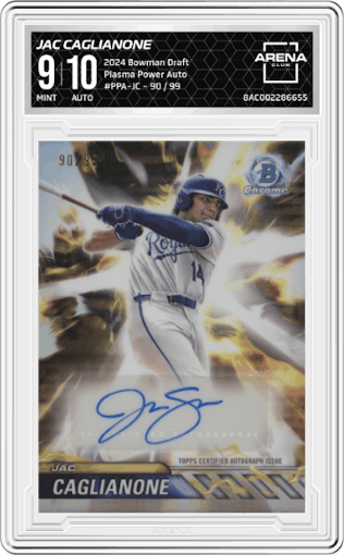 Jac Caglianone  from the 2024 Bowman Draft set graded by Arena Club and given an overall grade of 9.