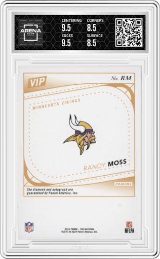 Randy Moss from the 2024 Panini The National VIP set graded by Arena Club and given an overall grade of 9.