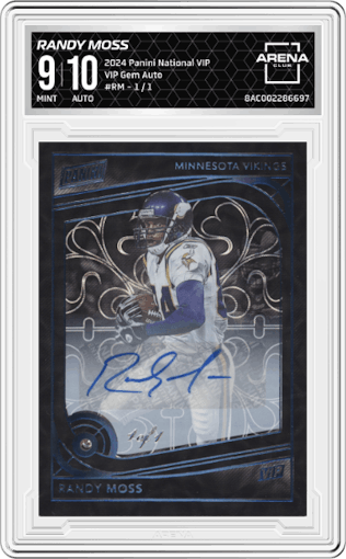 Randy Moss from the 2024 Panini The National VIP set graded by Arena Club and given an overall grade of 9.