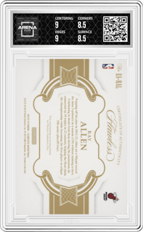 Ray Allen from the 2018-19 Panini Flawless set featuring a Ruby parallel graded by Arena Club and given an overall grade of 9.