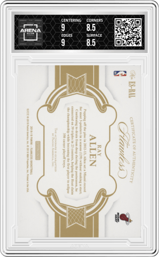 Ray Allen from the 2018-19 Panini Flawless set featuring a Ruby parallel graded by Arena Club and given an overall grade of 9.