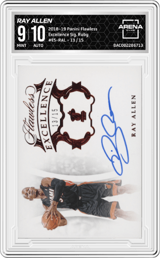 Ray Allen from the 2018-19 Panini Flawless set featuring a Ruby parallel graded by Arena Club and given an overall grade of 9.
