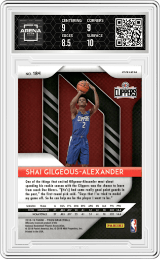 Shai Gilgeous-Alexander from the 2018-19 Panini Prizm set featuring a Ruby Wave parallel graded by Arena Club and given an overall grade of 9.