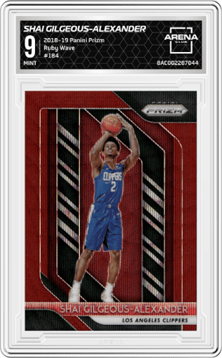 Shai Gilgeous-Alexander from the 2018-19 Panini Prizm set featuring a Ruby Wave parallel graded by Arena Club and given an overall grade of 9.