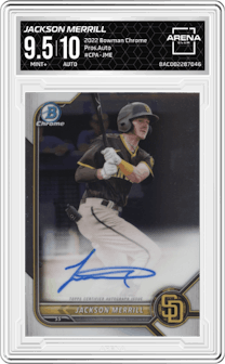 Jackson Merrill from the 2022 Bowman Chrome set graded by Arena Club and given an overall grade of 9.5.