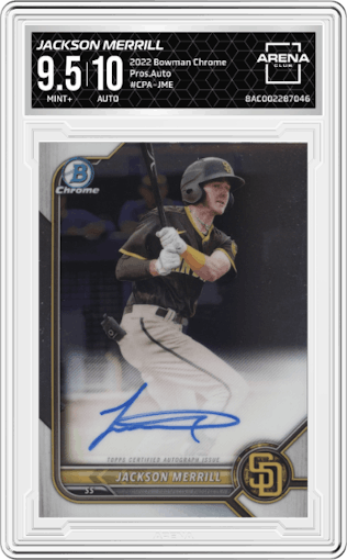 Jackson Merrill from the 2022 Bowman Chrome set graded by Arena Club and given an overall grade of 9.5.