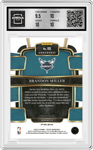 Brandon Miller from the 2023-24 Panini Select  set featuring a Blue Scope parallel graded by Arena Club and given an overall grade of 10.
