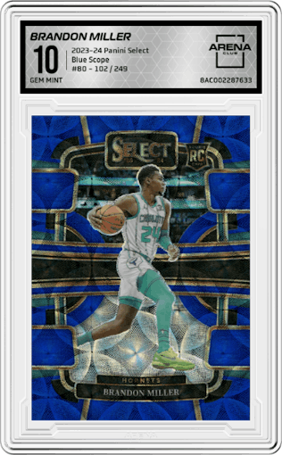 Brandon Miller from the 2023-24 Panini Select  set featuring a Blue Scope parallel graded by Arena Club and given an overall grade of 10.