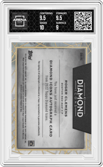 Roger Clemens from the 2022 Topps Diamond Icons set featuring a Black parallel graded by Arena Club and given an overall grade of 9.5.