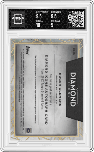 Roger Clemens from the 2022 Topps Diamond Icons set featuring a Black parallel graded by Arena Club and given an overall grade of 9.5.