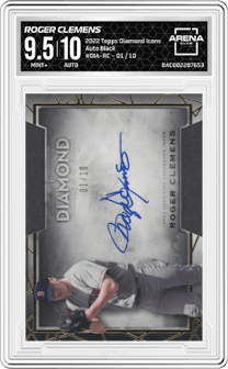 Roger Clemens from the 2022 Topps Diamond Icons set featuring a Black parallel graded by Arena Club and given an overall grade of 9.5.