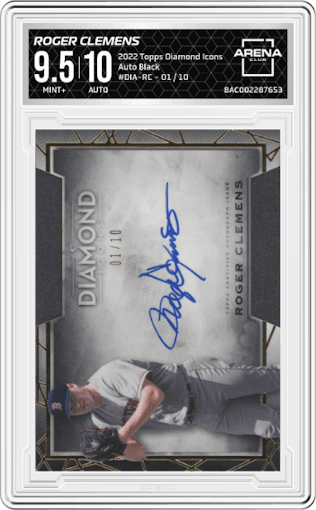 Roger Clemens from the 2022 Topps Diamond Icons set featuring a Black parallel graded by Arena Club and given an overall grade of 9.5.