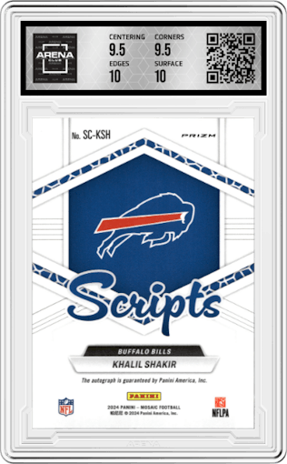 Khalil Shakir from the 2024 Panini Mosaic set graded by Arena Club and given an overall grade of 10.