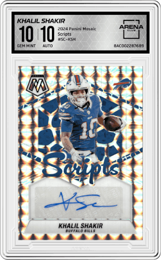 Khalil Shakir from the 2024 Panini Mosaic set graded by Arena Club and given an overall grade of 10.