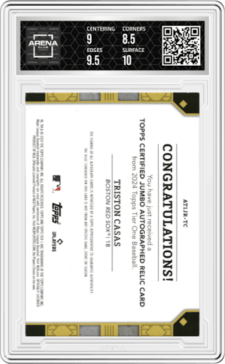 Triston Casas from the 2024 Topps Tier One  set graded by Arena Club and given an overall grade of 9.