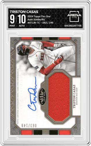 Triston Casas from the 2024 Topps Tier One  set graded by Arena Club and given an overall grade of 9.