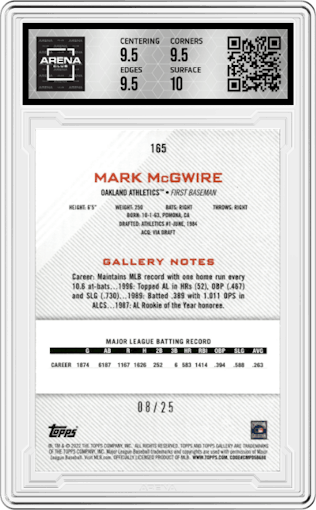 Mark McGwire from the 2022 Topps Gallery set featuring a Orange parallel graded by Arena Club and given an overall grade of 10.
