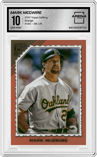 Mark McGwire from the 2022 Topps Gallery set featuring a Orange parallel graded by Arena Club and given an overall grade of 10.