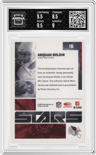 Anquan Boldin from the 2009 Donruss Elite set featuring a Black Prime parallel graded by Arena Club and given an overall grade of 9.