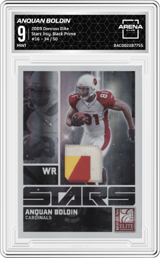 Anquan Boldin from the 2009 Donruss Elite set featuring a Black Prime parallel graded by Arena Club and given an overall grade of 9.