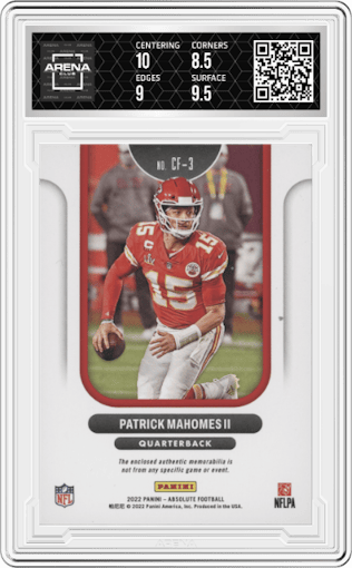 Patrick Mahomes II from the 2022 Panini Absolute set graded by Arena Club and given an overall grade of 9.