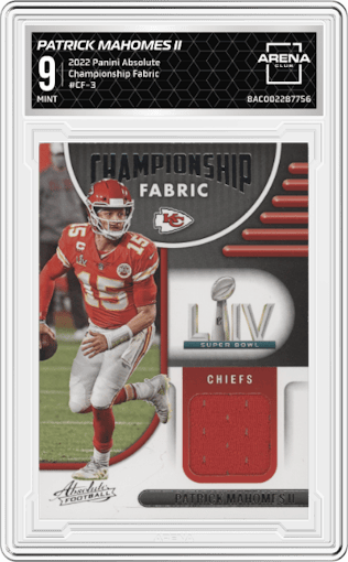 Patrick Mahomes II from the 2022 Panini Absolute set graded by Arena Club and given an overall grade of 9.