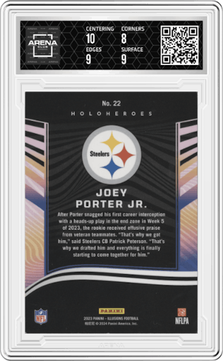 Joey Porter Jr. from the 2023 Panini Illusions set graded by Arena Club and given an overall grade of 8.5.