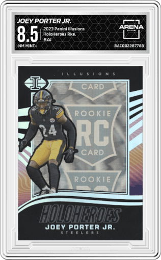 Joey Porter Jr. from the 2023 Panini Illusions set graded by Arena Club and given an overall grade of 8.5.