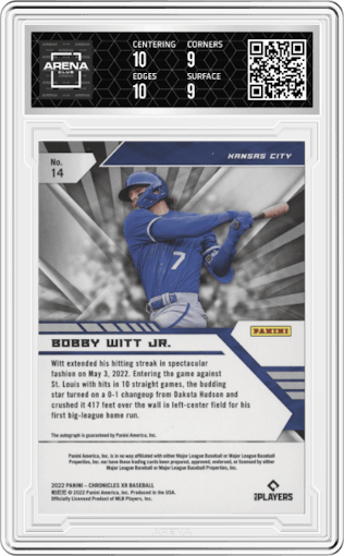 Bobby Witt Jr. from the 2022 Panini Chronicles set graded by Arena Club and given an overall grade of 9.5.