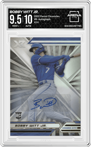 Bobby Witt Jr. from the 2022 Panini Chronicles set graded by Arena Club and given an overall grade of 9.5.