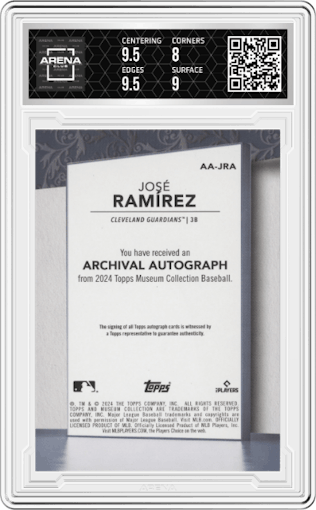 Jose Ramirez from the 2024 Topps Museum Collection set graded by Arena Club and given an overall grade of 8.5.
