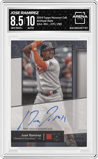 Jose Ramirez from the 2024 Topps Museum Collection set graded by Arena Club and given an overall grade of 8.5.