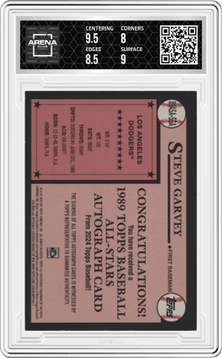 Steve Garvey from the 2024 Topps  set featuring a Gold parallel graded by Arena Club and given an overall grade of 8.5.