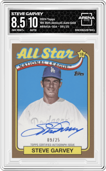 Steve Garvey from the 2024 Topps  set featuring a Gold parallel graded by Arena Club and given an overall grade of 8.5.