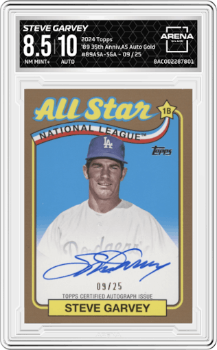 Steve Garvey from the 2024 Topps  set featuring a Gold parallel graded by Arena Club and given an overall grade of 8.5.