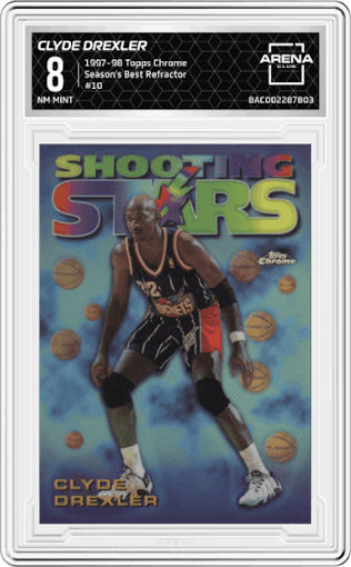 Clyde Drexler from the 1997-98 Topps Chrome set featuring a Refractor parallel graded by Arena Club and given an overall grade of 8.