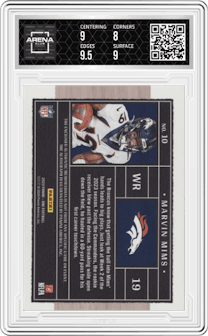 Marvin Mims from the 2023 Panini One set featuring a Red parallel graded by Arena Club and given an overall grade of 8.5.