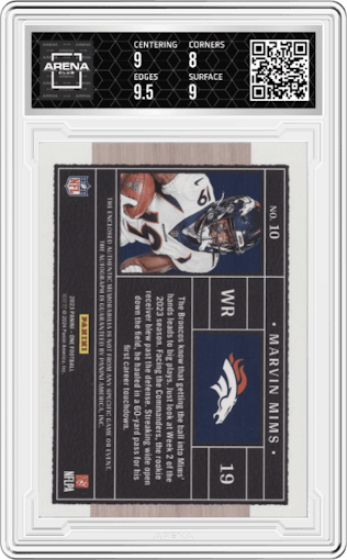 Marvin Mims from the 2023 Panini One set featuring a Red parallel graded by Arena Club and given an overall grade of 8.5.