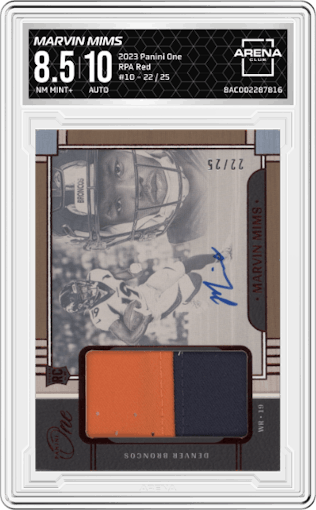 Marvin Mims from the 2023 Panini One set featuring a Red parallel graded by Arena Club and given an overall grade of 8.5.
