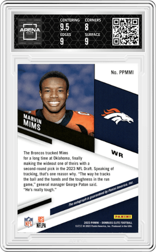Marvin Mims from the 2023 Panini Donruss Elite set graded by Arena Club and given an overall grade of 8.5.