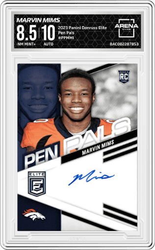Marvin Mims from the 2023 Panini Donruss Elite set graded by Arena Club and given an overall grade of 8.5.