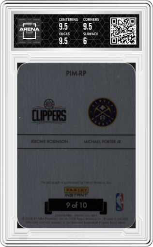 Jerome Robinson / Michael Porter Jr. from the 2018-19 Panini Instant NBA set featuring a Green parallel graded by Arena Club and given an overall grade of 6.5.