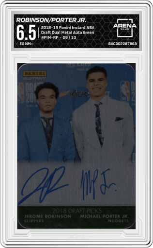 Jerome Robinson / Michael Porter Jr. from the 2018-19 Panini Instant NBA set featuring a Green parallel graded by Arena Club and given an overall grade of 6.5.