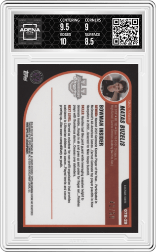 Matas Buzelis from the 2023-24 Bowman U Chrome set featuring a Gold  parallel graded by Arena Club and given an overall grade of 9.