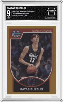 Matas Buzelis from the 2023-24 Bowman U Chrome set featuring a Gold  parallel graded by Arena Club and given an overall grade of 9.