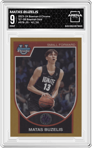 Matas Buzelis from the 2023-24 Bowman U Chrome set featuring a Gold  parallel graded by Arena Club and given an overall grade of 9.