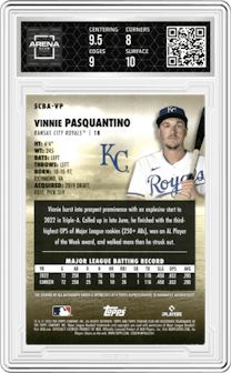 Vinnie Pasquantino from the 2023 Topps Stadium Club set graded by Arena Club and given an overall grade of 8.5.