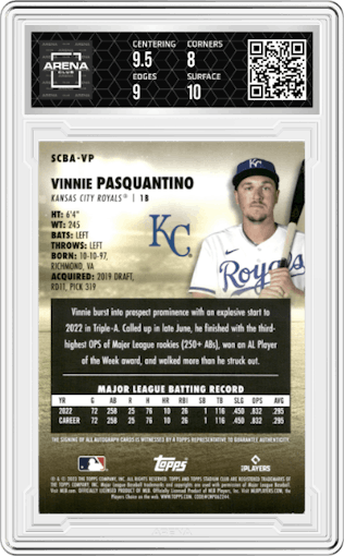 Vinnie Pasquantino from the 2023 Topps Stadium Club set graded by Arena Club and given an overall grade of 8.5.